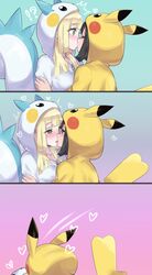 2girls black_hair blonde_hair blush bodysuit cosplay eye_contact eyelashes falling_over female female_only gradient_background green_eyes heart human kiss kissing lillie_(pokemon) mizuumi_(bb) motion_lines nintendo pachirisu_(cosplay) panels pikachu_(cosplay) pokemon pokemon_(cosplay) pokemon_dppt pokemon_rgby pokemon_sm selene_(pokemon) source_request tail trembling wholesome yuri zipper