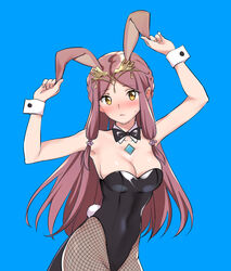 1girls alternate_costume animal_ears animal_tail arms_up bare_shoulders blue_background blush blushing breasts brown_hair bunny_ears bunny_suit bunny_tail bunnysuit cleavage color colored cuffs_(clothing) detached_collar detached_cuffs easter fake_animal_ears fake_tail female fishnets gem hair_ornament haze_(xenoblade) headpiece jewel_on_chest jewelry large_breasts long_hair looking_at_viewer misu_kasumi nervous nintendo pantyhose shoulders shy simple_background solid_color_background solo solo_female solo_focus tail tray very_long_hair xenoblade_(series) xenoblade_chronicles_2 xenoblade_chronicles_2:_torna_the_golden_country yellow_eyes