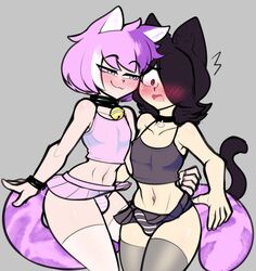 2020 2boys animal_humanoid bell_collar blush bulge cat_humanoid catboy collar crossdressing femboy girly joeydrawss male male_only original tail taki_(joeydrawss) thighhighs