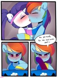 3:4 anthro blush bodily_fluids breast_squish breasts breasts_frottage clothing comic dialogue dildo drooling equid female female/female french_kissing friendship_is_magic hi_res horn kikiluv kissing mammal my_little_pony rainbow_dash_(mlp) rarity_(mlp) saliva sex_toy smooth_skin squish sweat unicorn yuri