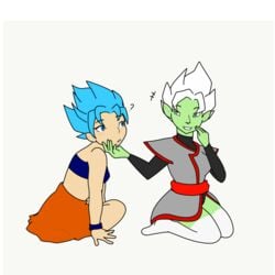 2girls blue_eyes blue_hair breasts confused confusion core_person deity deity_on_mortal dragon_ball dragon_ball_super female female_goku female_zamasu fused_zamasu goddess green_skin light-skinned_female light_skin long_socks multiple_girls potara_earrings potara_fusion rule_63 saiyan short_hair son_goku spiky_hair super_saiyan super_saiyan_blue white_hair zamasu