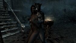 1boy 1girls 1monster 3d anthro anthro_on_female anthro_on_humanoid anthro_penetrating arm_grab bethesda_softworks clenched_teeth dark-skinned_female dark_skin female female_on_anthro from_behind_position humanoid humanoid_on_anthro humanoid_penetrated implied_sex interspecies necklace nude skyrim standing standing_sex straight the_elder_scrolls werewolf wolfman