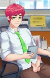 1boy bedroom_eyes blush_blush clothed earrings ferris_(blush_blush) green_eyes green_tie male male_only office penis penis_out red_hair sad_panda_studios sitting