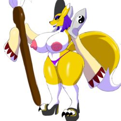 1:1 anthro big_breasts breasts claws clothed clothing curvy_figure digimon digimon_(species) female footwear genitals hi_res high_heels huge_breasts itisjoidok mammal pussy pussy_floss shoes taomon thick_thighs topless voluptuous