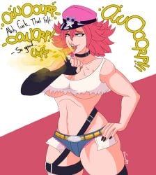 1girls big_breasts breasts burp burping choker cleavage dialogue female female_only final_fight hand_on_hip hat juanesafm_(artist) open_mouth pink_hair poison_(final_fight) solo solo_female street_fighter text thick_thighs underboob