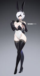 bare_shoulders black_gloves black_legwear blue_eyes bunny_ears bunny_girl elbow_gloves gloves high_heels latex latex_gloves leotard looking_at_viewer nier nier:_automata simple_background solo stockings yorha_2b zeronis