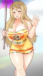 beer blonde_hair blush brand closed_eyes curvy eyebrows holding_umbrella huge_breasts human human_only k-on! keigi_(artist) long_hair minidress plump thick_thighs tsumugi_kotobuki_(k-on!)