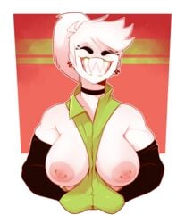 1girls areolae breasts breasts_out choker closed_eyes dabble earrings female female_only green_jacket jacket large_breasts nipple_piercing nipples no_bra piercing sharp_teeth simple_background sleeves smile solo sugar_(dabbledraws) upper_body voluptuous white_hair white_skin