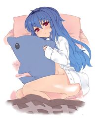 bed blue_hair blush bottomless dolphin female hugging_pillow long_hair looking_at_viewer no_hat no_headwear on_bed open_clothes open_shirt pillow red_eyes shibatenko shirt simple_background solo stuffed_animal stuffed_dolphin stuffed_toy tenshi_hinanawi touhou very_long_hair white_background