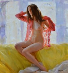 1girls anna_marinova art brown_hair functionally_nude_female housecoat lingerie morning oil_painting painting painting_(artwork) sheet small_breasts solo