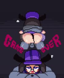 1boy 1girls ambiguous_penetration animated black_panties bouncing box_(captainkirb) box_(character) cap clothing countmoxi female game_over glasses hat male motion_lines multiple_views panties panties_aside pixel_art purple_eyes sex standing_sex text