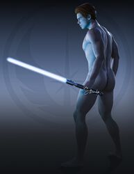 1boy abs ass back_muscles blue_lightsaber cal_kestis cameron_monaghan completely_nude holding_object holding_weapon human human_only jedi:_fallen_order lightsaber male male_focus male_nipples male_only muscle muscles muscular muscular_male orange_hair pectorals redhead solo solo_male star_wars sthenhx uncensored weapon