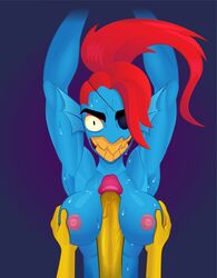 animal_humanoid armpits bodily_fluids breasts duo eye_patch eyewear female female_focus frisk genitals hi_res huge_cock humanoid jackofak male marine marine_humanoid nipples nude paizuri penis sex solo_focus straight sweat undertale undyne video_games