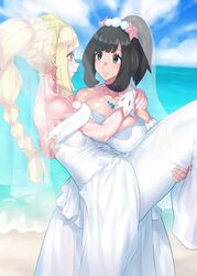 2girls alternate_breast_size black_hair blonde_hair braid breasts bride cute eye_contact female female_only green_eyes grey_eyes holding huge_breasts human human_only large_breasts lifting lifting_leg lifting_person lillie_(pokemon) medium_hair mizuumi_(bb) nintendo not_porn pokemon pokemon_sm ponytail safe safe_for_work selene_(pokemon) sfw source_request veil wedding wedding_dress wholesome wife_and_wife yuri