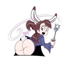 1girls akko_kagari ass bottomless_skirt breasts brown_hair bunny_ears bunny_tail butt_crack curvy drillslewds female female_focus female_only hair large_ass little_witch_academia looking_back magic medium_breasts onomatopoeia open_mouth robe skirt skirt_lift solo_female solo_focus studio_trigger teeth tied_hair tongue upskirt wand