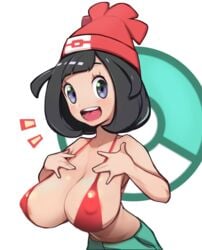 1girls alternate_breast_size alternate_outfit armpits bare_arms bare_shoulders bikini bikini_top black_eyes black_hair breasts clavicle female genvoke hat high_resolution human_only large_breasts looking_at_viewer nintendo open_mouth pokemon pokemon_sm red_bikini red_headwear selene_(pokemon) short_hair shorts smile solo swimsuit tongue upper_body upper_teeth white_background