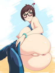 1girls anus ass blue_legwear blue_shirt blush bracelet breasts brown_hair embarrassed eyewear female female_only glasses grey_eyes hair_ornament highres huge_ass huge_breasts jewelry lens lying mei_(overwatch) nipples no_bra no_panties on_side overwatch pulled_by_self pulling_off_legwear pussy shirt shirt_lift simple_background solo solo_female uncensored zetxsuna