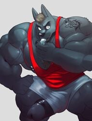 1boy 2017 5_fingers anthro beefy biceps big_muscles big_penis black_body black_fur black_nipples black_nose black_penis body_hair bottomwear brown_hair canid canine canis chest_hair clothing coach cursedmarked erection facial_hair fingers foreskin foreskin_folds fur genitals goatee hi_res huge_cock huge_muscles humanoid_penis hyper hyper_muscles intact looking_at_viewer male male_nipples male_only mammal muscles muscular_male nex_anima_canis pecs penis penis_out penis_through_leghole poking_out quads retracted_foreskin shirt shorts simple_background smooth_fur smooth_penis solo tank_top tattoo topwear triceps uncut whistle wolf