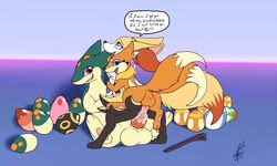 1girls 2boys 5:3 anus bodily_fluids braixen buizel cum cum_in_pussy cum_inside dialogue double_penetration egg eggs female feral furry genital_fluids half-closed_eyes impregnation male nintendo original_character penetration penis pokémon_(species) pokemon pokemon_(species) pokemon_dppt pokemon_gsc pokemon_xy pussy quilava sex shikaro simple_background smile testicles tongue tongue_out vaginal_penetration video_games