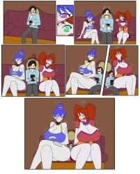 1boy 2girls 2girls1boy attribute_theft baby_(fnafsl) ballora ballora_(fnafsl) big_breasts blue_hair blush bowtie breast_expansion circus_baby circus_baby_(fnaf) cleavage comic comic_page female five_nights_at_freddy's five_nights_at_freddy's:_sister_location five_nights_in_anime fnaf fnia giantess green_eyes grin grinning llyxao male necklace purple_eyes red_hair seductive seductive_smile sister_location size_theft smile smiling white_skin