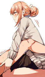 1boy 1girls beige_sweater belko blush breast_squeeze breasts closed_mouth clothes_lift female hair_bun highres large_breasts lolicept milf my_teen_romantic_comedy_snafu orange_eyes orange_hair paizuri paizuri_on_lap smile solo_focus straight sweat sweater sweater_lift turtleneck turtleneck_sweater yuigahama_yui's_mother