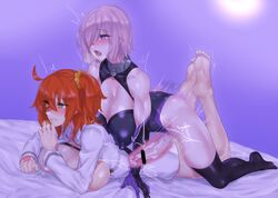 barefoot bed bed_sheet censored cum cum_in_pussy cum_inside erect_nipples evuoaniramu fate/grand_order fate_(series) feet female female_protagonist fujimaru_ritsuka_(female) futa_on_female futa_with_female futanari gudako mash_kyrielight mizuumi_(bb) prone_bone shielder_(fate/grand_order) soles toes