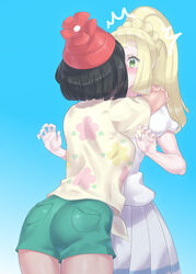 2girls alternate_breast_size alternate_outfit ass blue_background blush breasts evuoaniramu female female_only hat human human_only kissing lillie_(pokemon) medium_breasts mizuumi_(bb) nintendo pokemon pokemon_sm ponytail selene_(pokemon) shirt shorts skirt source_request standing surprise_kiss surprised thick_thighs wide_hips yuri