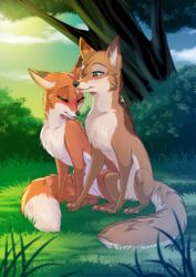 abby abby_(rukifox) animal_genitalia animal_penis anthro balls blush canid canine canine_penis female feral fox fully_sheathed furry genitals hi_res lick licking male mammal outside red_fox rick rick_(rukifox) romantic romantic_couple rukifox sheath testicles tongue tongue_out vulpine