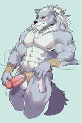 2020 5_fingers abs arm_wraps asian_clothing balls biceps biped bottle canid canine canis clothing east_asian_clothing facial_hair fingers fundoshi fur genitals grey_body grey_fur holding_bottle holding_object humanoid_genitalia humanoid_hands humanoid_penis japanese_clothing law_(sdorica_sunset) male male_only mammal multicolored_body multicolored_fur muscular muscular_male muscular_thighs nipples pecs penis rsotart sdorica sdorica_sunset triceps two_tone_body two_tone_fur underwear white_body white_fur wolf wraps