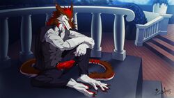 16:9 5_fingers absurd_res brown_body brown_fur clothed clothing detailed_background digital_media_(artwork) fingers fur hazakyaracely hi_res knot male male_only no_humans sergal sitting solo toes white_body white_fur