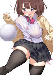 absolute_territory ball black_legwear blush bouncing_breasts breasts brown_hair eyebrows_visible_through_hair female fully_clothed kaisen_chuui large_breasts nipples open_mouth original school_uniform shirt short_hair simple_background skirt solo thighhighs thighs white_background