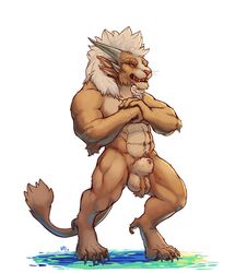 2020 4_ears abs absurd_res animal_genitalia anthro ball_tuft balls biceps biped body_hair charr claws fangs felid fur genitals guild_wars hair hi_res horn male male_only mammal multi_ear muscular muscular_male nude orange_body orange_fur penis penis_tip sheath simple_background solo standing teeth toe_claws triceps tuft vateo video_games