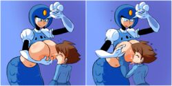 1boy 1girls age_difference breast breasts clothed female fupoo male mega_man mega_man(classic) mega_man_(character) mermaid robot robot_girl shirt_up splash_woman straight