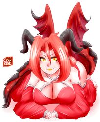 2020 all_fours arm_warmers big_breasts breasts cev cleavage clothed clothing dragon_girl dragon_tail dress female female_focus female_only hair horns leg_warmers lipstick looking_at_viewer monster_girl red_hair red_pupils smile spiked_tail tail wings yellow_eyes yellow_lipstick