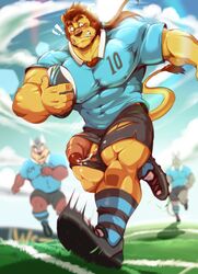 2019 5_fingers absurd_res anthro athlete balls big_muscles big_penis black_nose blush bodily_fluids body_hair bottomwear brown_body brown_fur brown_hair butch_(cursedmarked) canid canine canis chest_hair cleats clothing cursedmarked domestic_dog drooling eyebrows felid fingers foreskin fur genital_fluids genitals green_eyes grey_body grey_fur group hair hi_res huge_muscles legwear lion long_hair male male_only mammal muscular muscular_male pantherine penis ponytail precum rugby saliva shirt shorts socks solo_focus t-shirt thick_eyebrows topwear torn_bottomwear torn_clothing waffle_(character) yellow_body yellow_fur