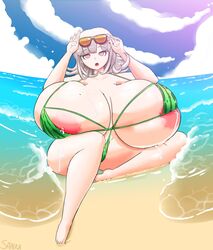 beach beauty_mark big_breasts bra breasts breasts_apart danganronpa danganronpa_2:_goodbye_despair gigantic_breasts huge_breasts hyper hyper_breasts iron-0xide lactation large_breasts milk nanami_chiaki ocean open_mouth pink_eyes sand sanka-tetsu sitting smooth_skin sunglasses sunglasses_on_head thick_thighs thighs water watermelon_bra white_hair white_skin