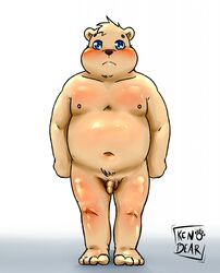 2018 anthro balls belly blue_eyes blush flaccid genitals hi_res kenobear male male_only mammal moobs navel nipples overweight overweight_male penis simple_background solo ursid white_background young