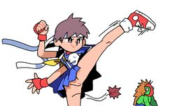 1boy 1girls 1her00 bandana blanka brown_eyes brown_hair capcom female fingerless_gloves footwear gauntlets green_skin handwear headwear human kicking leaf male no_panties orange_hair pale_skin panties_on_face pussy sakura_kasugano shoes skirt smirk street_fighter upskirt vagina video_games wind