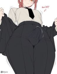 ai_assisted ai_generated blush caption captioned chainsaw_man comic dizzyarts english english_text femboy femboy_focus flat_chest flat_chested genderswap makima_(chainsaw_man) moaning orange_eyes otoko_no_ko otokonoko red_hair rule_63 simple_background simple_shading submissive submissive_male suit suit_and_tie twink wide_hips wide_thighs yaoi