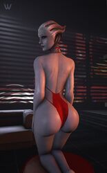 1girls 3d alien asari ass back_view bare_shoulders big_ass big_butt blue_eyes blue_skin bubble_butt busty eyeliner eyeshadow female female_focus female_only freckles hourglass_figure liara_t'soni lingerie lipstick mascara mass_effect pose posing rear_view seductive seductive_look seductive_smile solo standing tagme thick_thighs thong_leotard wide_hips wildynsfw