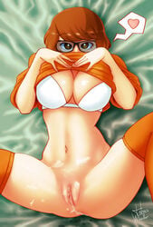 after_sex ass athletic bed big_breasts blush bottomless bra breasts breasts_out brown_eyes brown_hair busty butt cleavage clitoral_hood clitoris cum cum_on_pussy eyelashes eyewear female female_focus female_only from_above glasses hanna-barbera hourglass_figure labia large_breasts lying lying_down lying_on_back lying_on_bed navel pinup pose posing pussy pussy_juice scooby-doo shy sleeves_rolled_up solo spread_legs thick_thighs thighhighs tobias_wheller tobywell turtleneck turtleneck_lift vagina velma_dinkley wet_pussy wide_hips