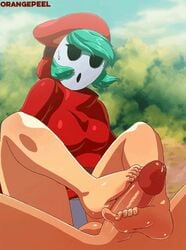 1boy 1girls animated animated_gif ballbusting breasts feet female footjob green_eyes male mario_(series) masked nintendo orange-peel panties penis precum shy_gal super_mario_bros. toes uncensored