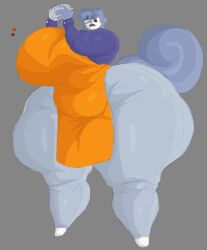 ramb_(deltarune) deltarune heavensthroat 2026 2d 2d_(artwork) 2d_artwork full_body simple_background big_breasts thick_thighs big_ass tail hourglass_figure genderswap_(mtf) rule_63 chubby chubby_female hourglass_figured_female 1girls solo solo_focus solo_female female_only apron big_lips blue_body clothing half_naked shirt purple_shirt orange_apron one_eye_closed sharp_fingernails