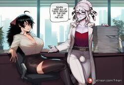 2futas 2girls ahoge ai_generated belt black-framed_eyewear black_hair black_skirt breasts bulge chair cleavage coat collarbone colored_skin crossed_legs desk english_text erection_under_clothes formal futa_only futanari glasses grey_skin indoors lab_coat large_breasts long_hair long_sleeves mature_female miniskirt mole mole_on_breast multiple_girls nail_polish office office_chair office_lady open_clothes pants paper paper_stack partially_unbuttoned patreon_username pencil_skirt plant raven_branwen red_eyes red_nails red_shirt rwby salem_(rwby) semi-rimless_eyewear shirt shirt_tucked_in sitting skirt skirt_suit speech_bubble suit swivel_chair thighhighs tillian under-rim_eyewear white_coat white_hair white_pants white_shirt window