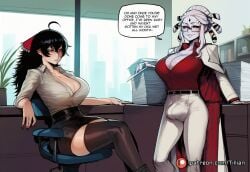 2girls ahoge ai_generated belt black_hair black_nails black_skirt black_thighhighs breasts bulge business_suit chair cleavage collared_shirt colored_skin crossed_legs desk english_text erection erection_under_clothes formal futa_with_female futanari glasses grey_skin hair_between_eyes hair_ribbon huge_breasts indoors jacket large_breasts long_hair long_sleeves mature_female miniskirt mole multiple_girls nail_polish office office_chair office_lady on_chair pants paper paper_stack partially_unbuttoned pencil_skirt plant raven_branwen red_eyes red_nails red_ribbon red_shirt ribbon rwby salem_(rwby) semi-rimless_eyewear shirt shirt_tucked_in sitting skirt skirt_suit sleeves_rolled_up speech_bubble suit swivel_chair thighhighs thighs tillian under-rim_eyewear white_pants white_shirt window