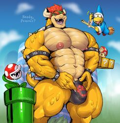 1boy abs accessory ambiguous_gender anthro anthrofied bara barazoku big_muscles bodily_fluids bowser broom bulge cellphone clothed clothing cock_ring dialogue drooling eyewear flaccid flora_fauna flying_broom genital_fluids genital_outline glasses hi_res huge_muscles hyper jewelry kamek koopa larger_male looking_at_viewer male male_only mario_(series) muscular muscular_male navel nintendo nude partial_nudity penis_outline phone piranha_plant plant precum saliva scalie size_difference sketch speedo super_mario_bros. swimwear sxfpantera testicles text thick_thighs topless video_games watermark