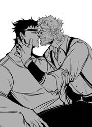 2boys beard black_hair dilf earring earrings gay glasses grandfather_and_grandson human human_only imminent_kiss incest jijimago jojo's_bizarre_adventure joseph_joestar jotaro_kujo magojiji male male_only monochrome old_joseph older_man_and_younger_boy stardust_crusaders suspenders t-shirt viiiola_beet yaoi