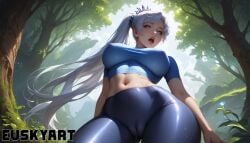 ai_generated belly blue_eyes boobs cameltoe curvy euskyart female_only forest grey_hair hips leggings medium_breasts navel nipple_bulge ponytail rwby seductive sportswear stomach tits underboob weiss_schnee white_hair