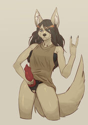 5_fingers anthro aqualung canid canine canis clothed clothing dildo domination female female_domination fingers genitals hi_res jackal mammal mervvin pussy sex_toy simple_background solo strapon