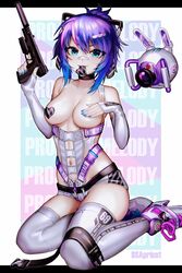 artificial_intelligence bandaid bandaid_on_nose bangs bare_shoulders black_bow black_choker blue_hair blue_nails bow breasts bsapricot choker clavicle closed_mouth clothing copyright_name covering covering_one_breast diagonal_stripes elbow_gloves eyebrows_visible_through_hair female fingerless_gloves firearm five-seven_(gun) gloves green_eyes grey_footwear grey_gloves grey_legwear gun hair_between_eyes hair_ornament hairbow hairclip handgun heart high_heels high_resolution holding holding_gun holding_weapon letterboxed medium_breasts melody_(projektmelody) mouth_hold multicolored_hair nail_polish navel pink_hair pistol projektmelody purple_hair robot shoes short_hair sidelocks sitting smile solo streaked_hair striped suppressor t0m_(projektmelody) thighhighs virtual_youtuber vshojo weapon yokozuwari